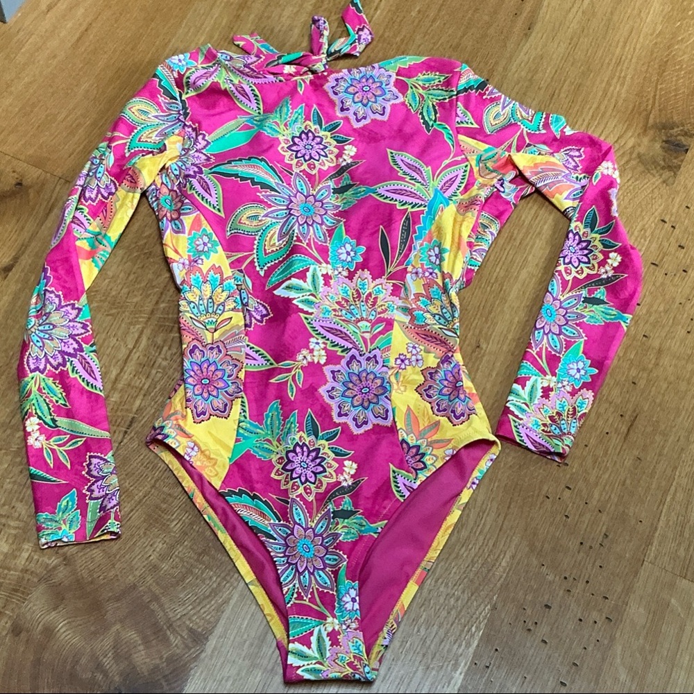 Johnny Was Pink and Yellow Floral One Piece Swimsuit